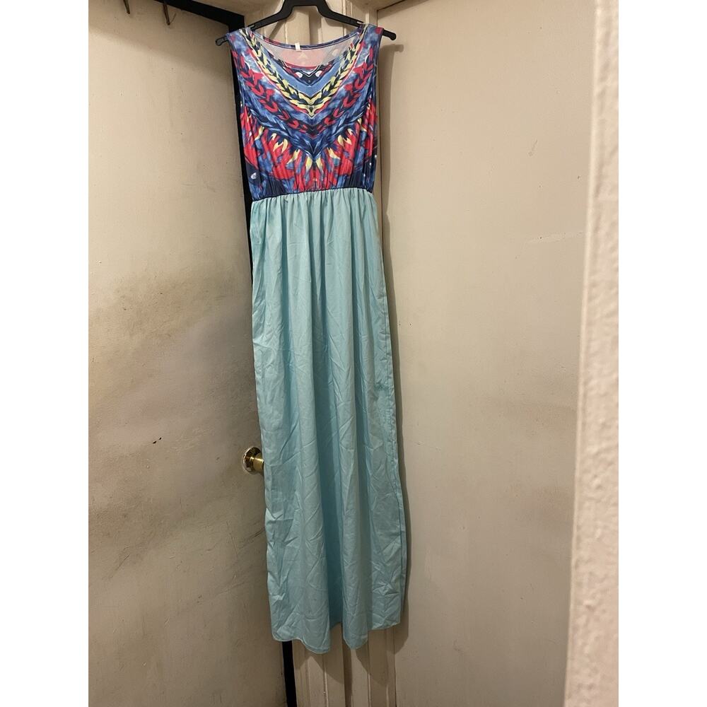 Women’s Boho Colorblock Maxi Dress Size Medium Sleeveless Blue Abstract Print